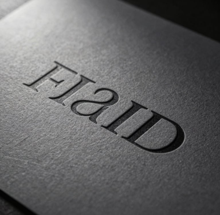 Extreme close-up of premium textured paper with debossed minimalist typography, sharp side-lighting, elegant dark gray shadow casting across the surface.