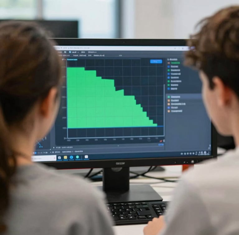 Over-the-shoulder shot of two focused teenagers analyzing a bright green and blue scatter plot visualization on a dark monitor in a modern workspace, 35mm, shallow depth of field, natural daylight with subtle screen glow