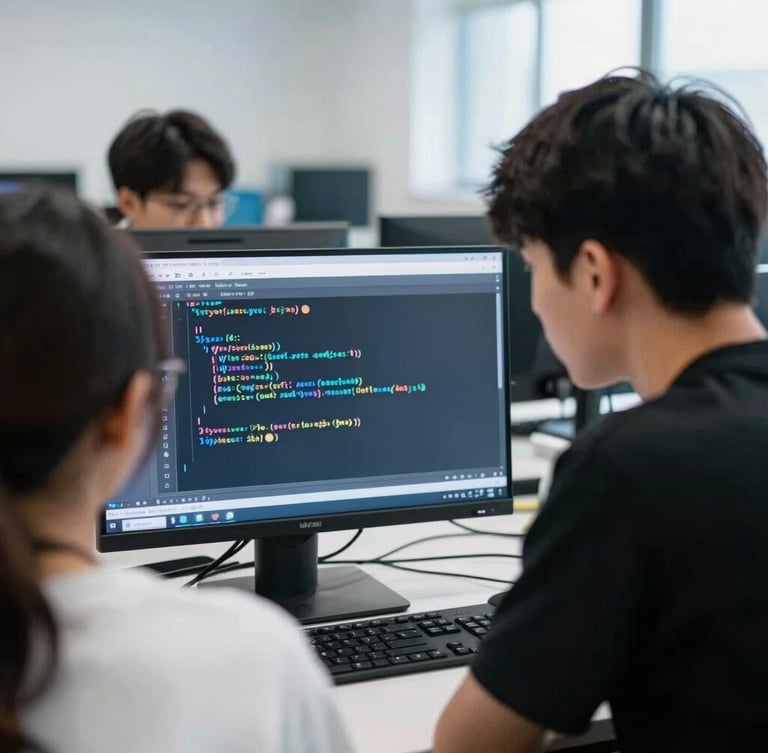 Over-the-shoulder shot of two focused teenagers analyzing lines of Python code on a glowing monitor in a modern, bright collaborative lab space, cool high-contrast tones, shallow depth of field, 35mm
