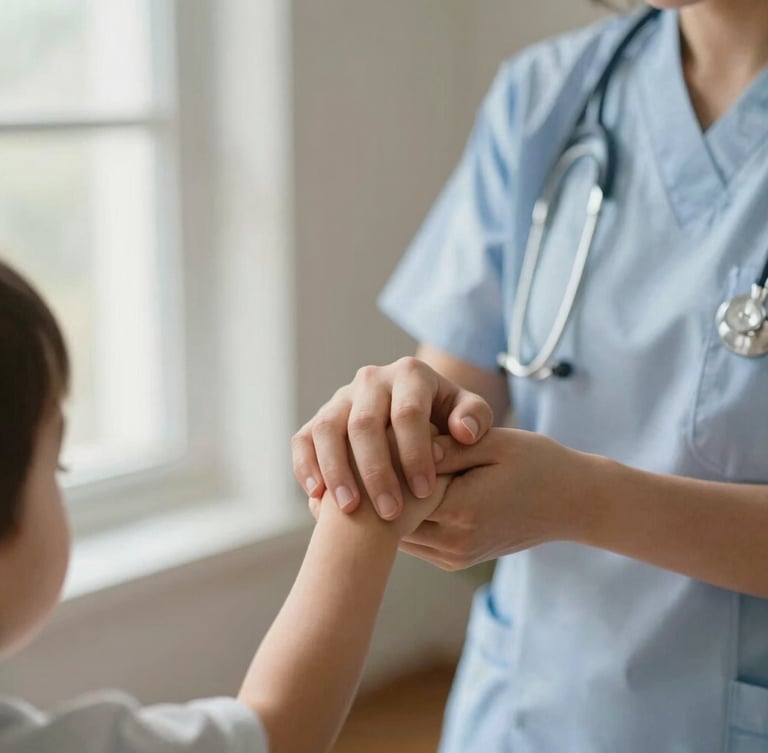 Portrait shot of a pediatric nurse gently holding a child's hand, soft natural window light, focus on the hands, warm muted tones, in a home setting.