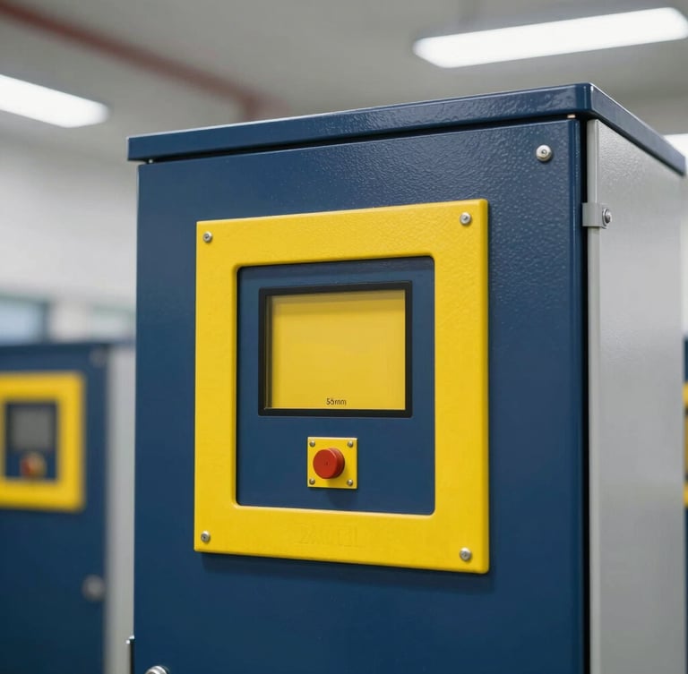 Close-up of a safety control panel with high-contrast safety yellow accents and sharp focus, clean architectural lighting, 35mm