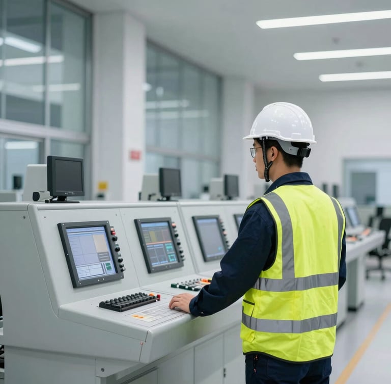 An industrial safety engineer in a clean white hard hat and high-visibility vest inspecting a modern automated control room, clean architectural photography, bright daylight, sharp focus, 35mm