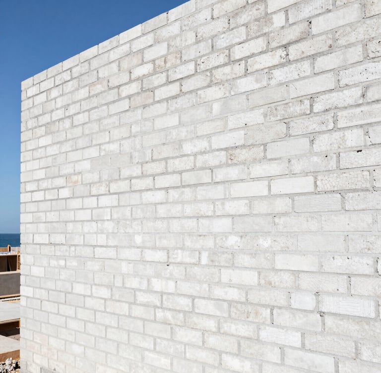 Close-up of a modern residential brick wall under construction, precise mortar lines, bright coastal daylight, professional engineering site visit