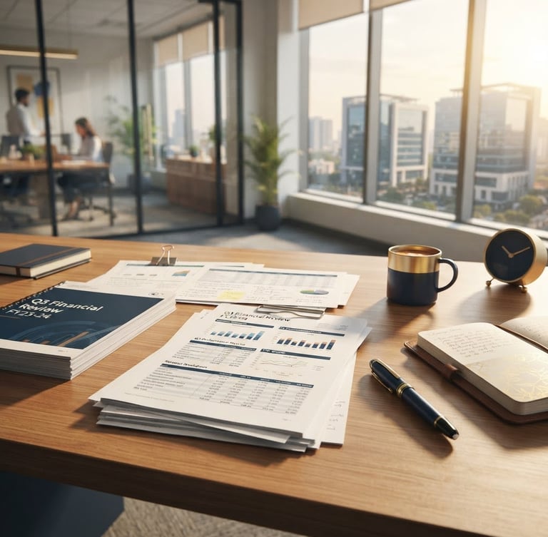 A bright, modern corporate office in Gurugram, warm morning sunlight streaming across a clean wooden desk with neatly organized financial documents and a professional pen, soft shadows, sharp focus, 35mm editorial style
