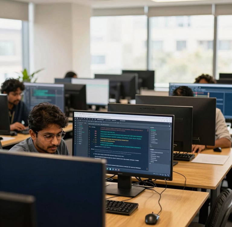 Medium-wide environmental shot of a modern Gurugram office, CAs collaborating over digital screens, bright natural office daylight, deep navy and gold tones, sharp focus, 35mm