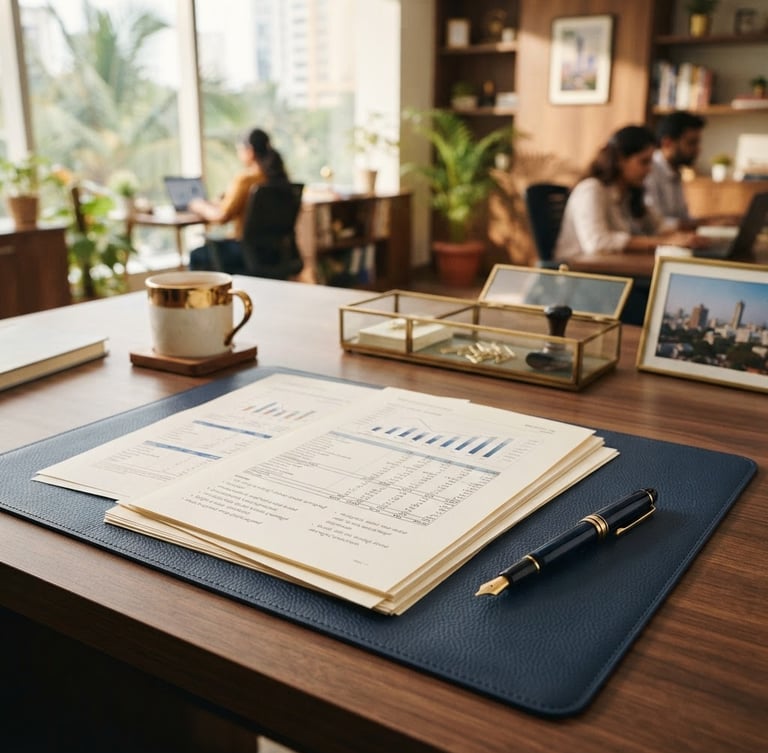 Warm editorial photography of a professional workspace in Bengaluru, neat financial documents and a fountain pen on a dark wood desk, soft natural daylight, sharp focus, 35mm