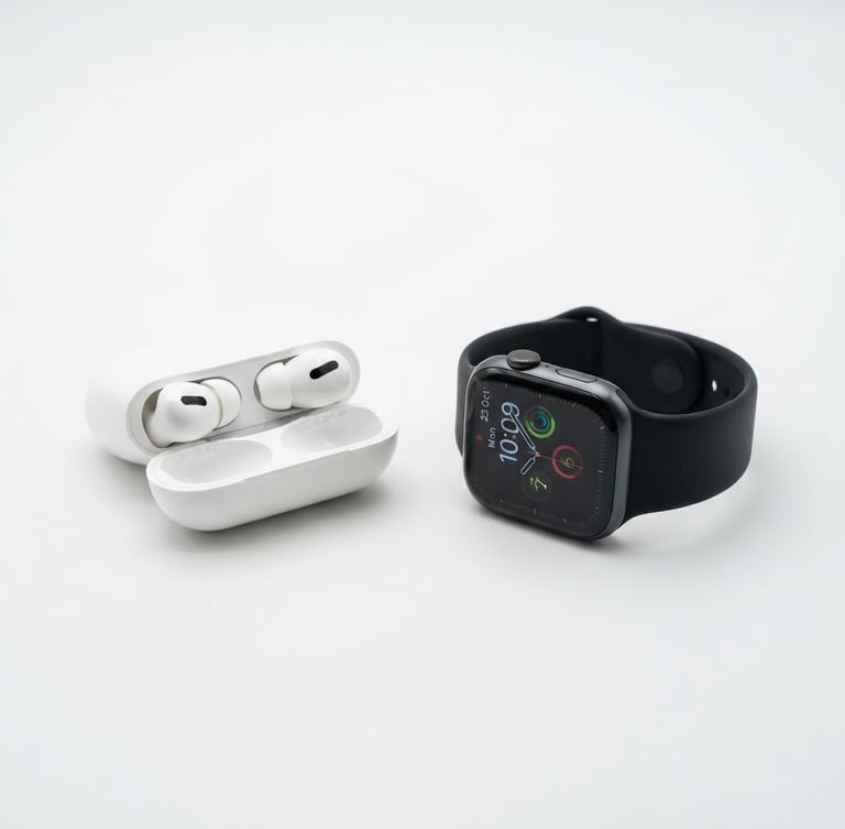 Modern wireless earbuds and a sleek smartwatch on a clean white surface, bright studio light, sharp focus, wide shot capturing both devices, 50mm