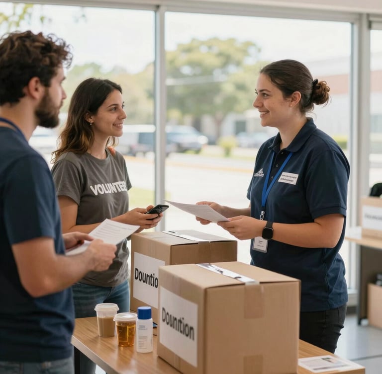 A neatly organized donation center drop-off, warm natural light, friendly interaction between a uniformed worker and a local volunteer, professional editorial style