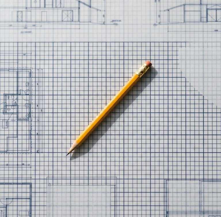 Overhead flat-lay of a minimalist architectural workspace, a single sharp yellow pencil resting on a clean grid blueprint, bright north-facing daylight, sharp focus, 35mm