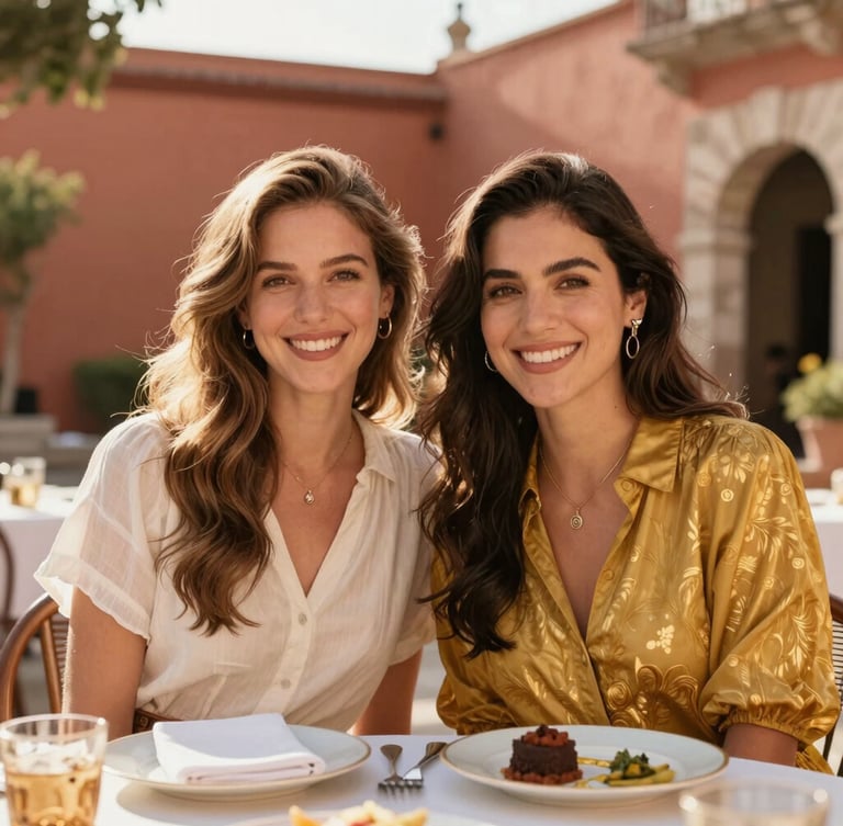 Retrato cálido de dos mujeres fundadoras sonriendo juntas en un patio soleado de Veracruz, luz natural suave de la tarde, ambiente acogedor y elegante