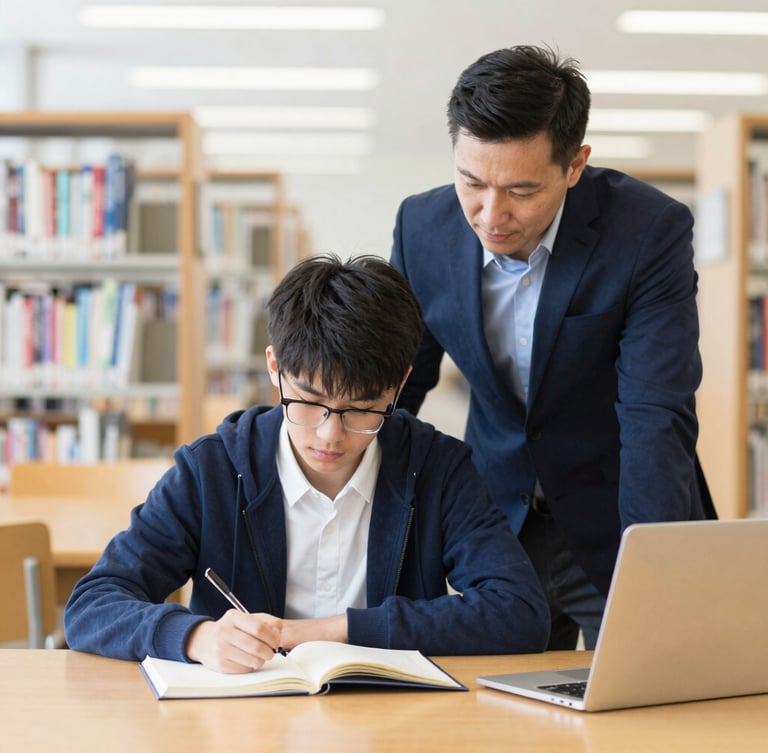 Portrait shot of a focused student working with a mentor in a bright university library, natural daylight, soft bokeh background