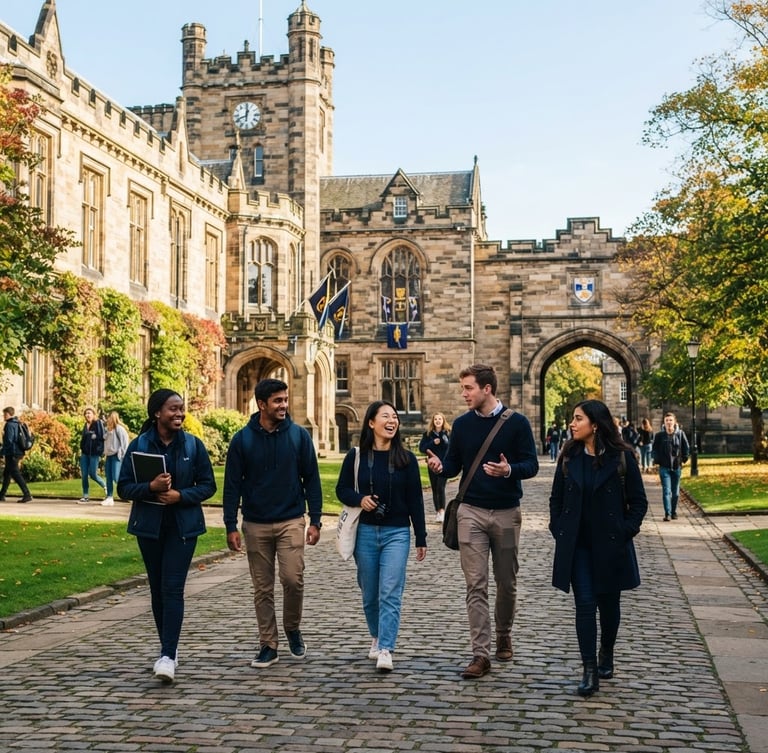 Diverse international students walking on a historic European university campus, bright natural daylight, crisp and optimistic, with a wide environmental shot, rich navy and gold tones.