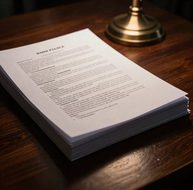 Dramatic close-up of thick legal briefs with highlighted text on a dark wooden desk, warm desk lamp casting high-contrast shadows, cinematic editorial style, 35mm