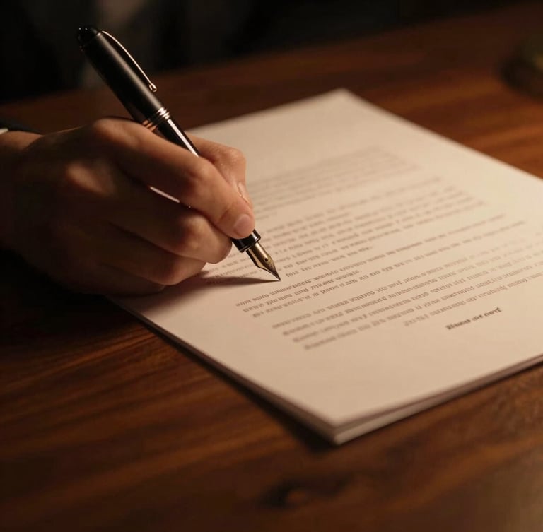 Close-up macro shot of a fountain pen signing official legal documents on a heavy dark oak desk, dramatic low-key lighting, warm amber tones, 35mm cinematic
