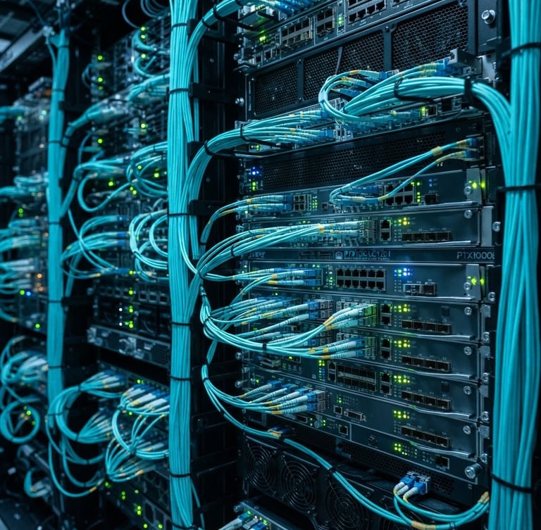 Cool-toned technical photography of high-end core routers with fiber optic patch cables glowing in cyan, sharp LED indicators, 35mm lens