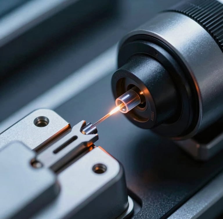 Macro close-up of a precision fiber optic fusion splicer holding a glass core, subtle orange laser glow, cool-toned technical environment, sharp focus, 35mm lens.