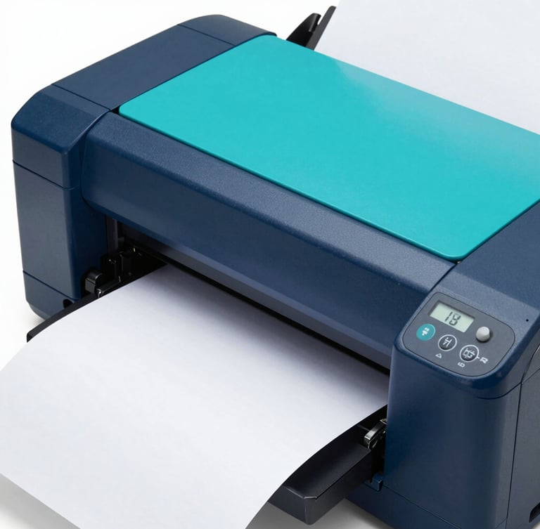 Close-up of high-speed digital printer in action, crisp paper output, bright high-key studio lighting, cyan and navy tones, sharp focus, 35mm lens
