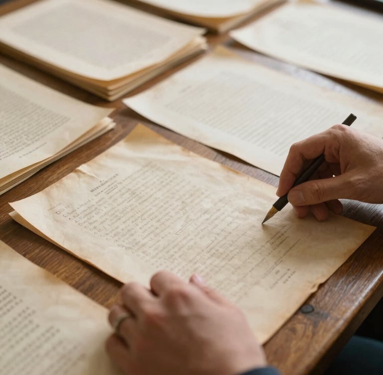 Close-up of hands meticulously organizing historical documents on a large wooden table, warm editorial photography, soft diffused library light, aged parchment tones.