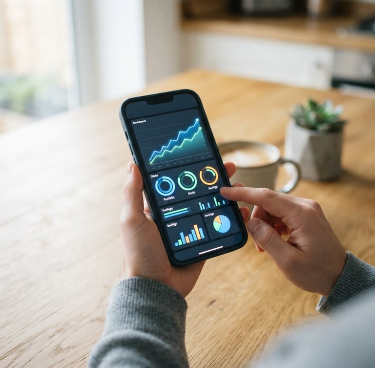 Close-up of a smartphone screen showing a clean financial dashboard held by a person at a bright kitchen table, natural daylight, shallow depth of field, 50mm