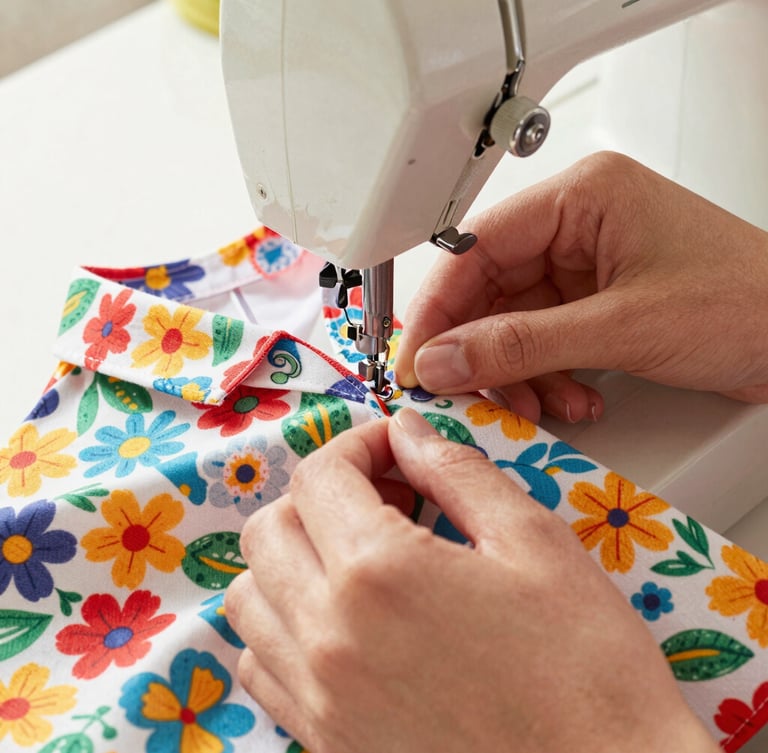Close-up of hands carefully sewing a colorful floral fabric pet shirt on a vintage sewing machine, bright warm natural daylight, rich fabric textures, shallow depth of field