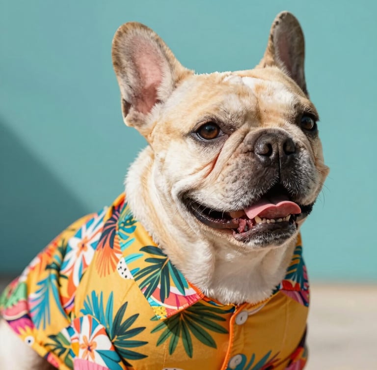 Bright editorial portrait of a happy, stocky French Bulldog wearing a custom colorful tropical shirt, warm natural daylight, teal background, close-up.