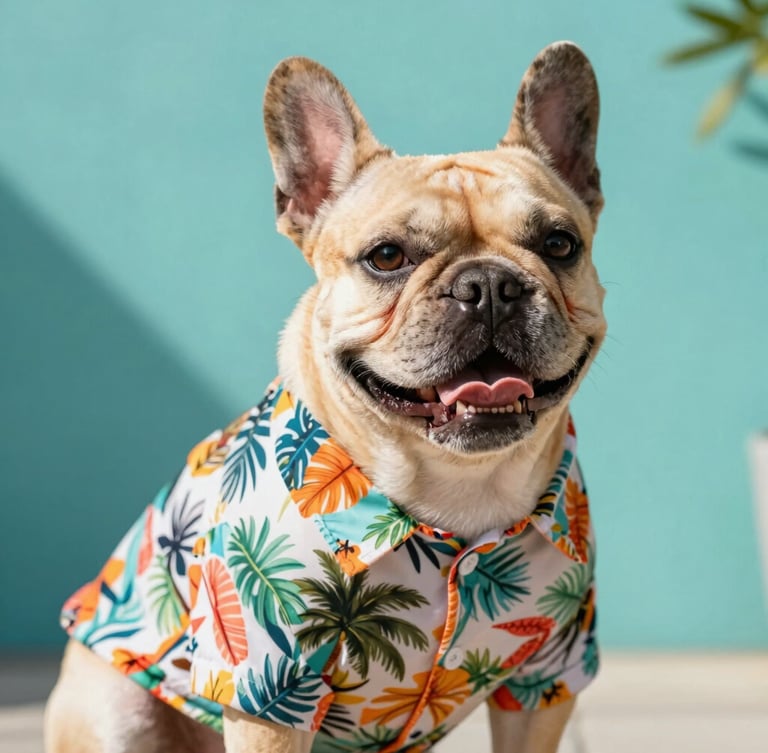 Bright editorial photography of a happy French Bulldog wearing a colorful miniature tropical shirt, warm natural daylight, teal backdrop, rich fabric textures