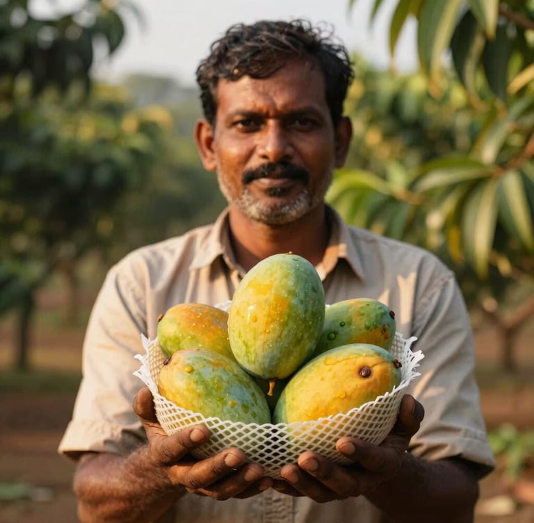 Close-up portrait of an Indian mango farmer in a sunny orchard, holding a freshly harvested mango wrapped in a protective Kavach bag, warm golden-hour light