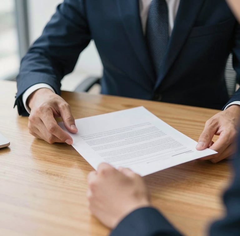 Close-up of hands reviewing a clean contract document on a warm wooden table in a bright, modern office, natural daylight, soft shadows, 35mm photography