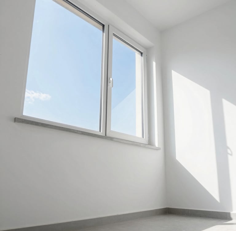 Low-angle architectural shot of a bright, empty room with freshly cleaned white walls, clinical daylight streaming through a large window, sharp focus