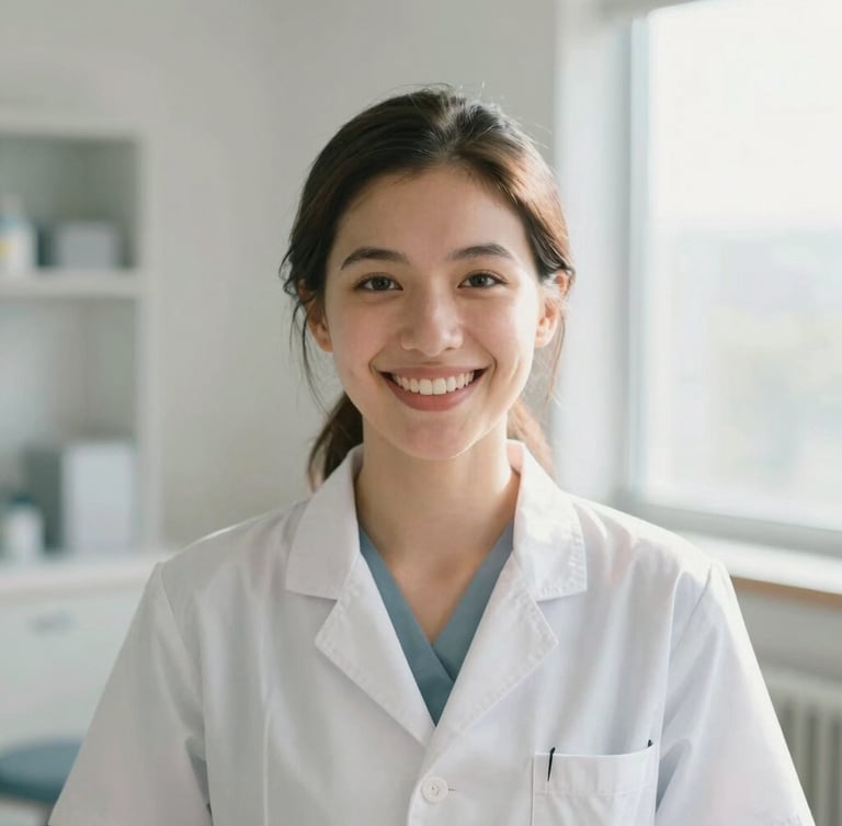 Medium portrait of a friendly female orthodontist smiling warmly in a bright modern office, soft natural window light, pastel tones, shallow depth of field, 35mm