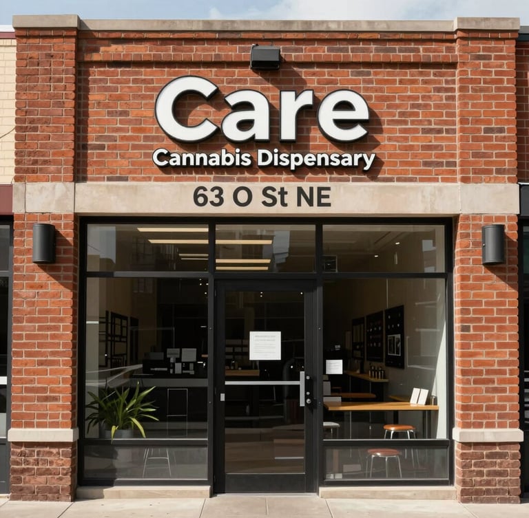 Straight-on architectural photograph of the brick storefront of Care Cannabis Dispensary at 63 O St NE, clean daytime lighting, clear street number signage.