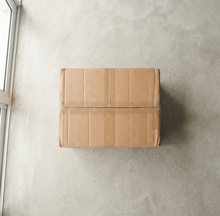 A top-down view of a real cardboard shipping box on a clean concrete floor in a Brazilian home, soft natural morning light from a nearby window, minimalist setting, sharp focus