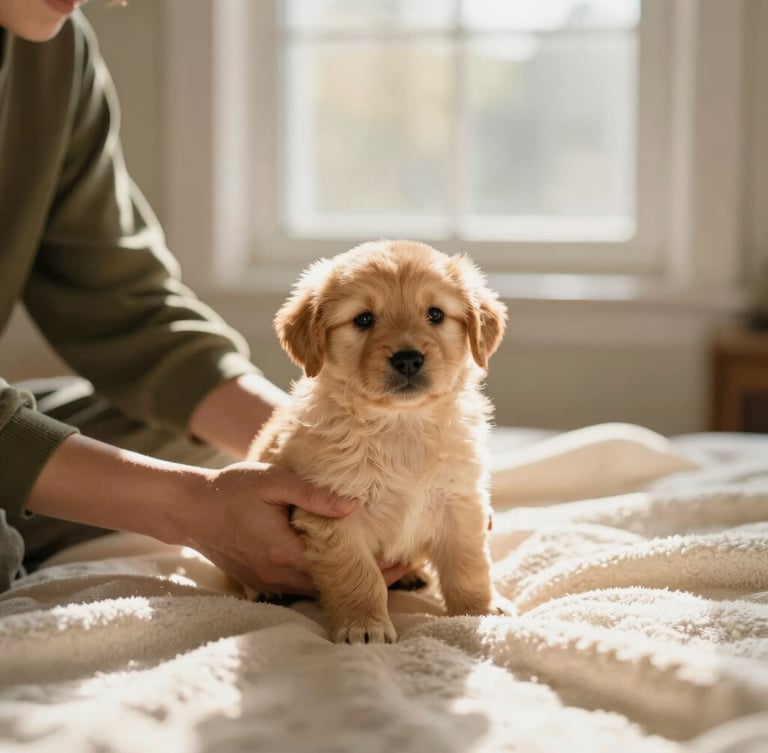 Warm interior scene of hands gently holding a small golden puppy on a soft cream blanket, natural window light, shallow depth of field