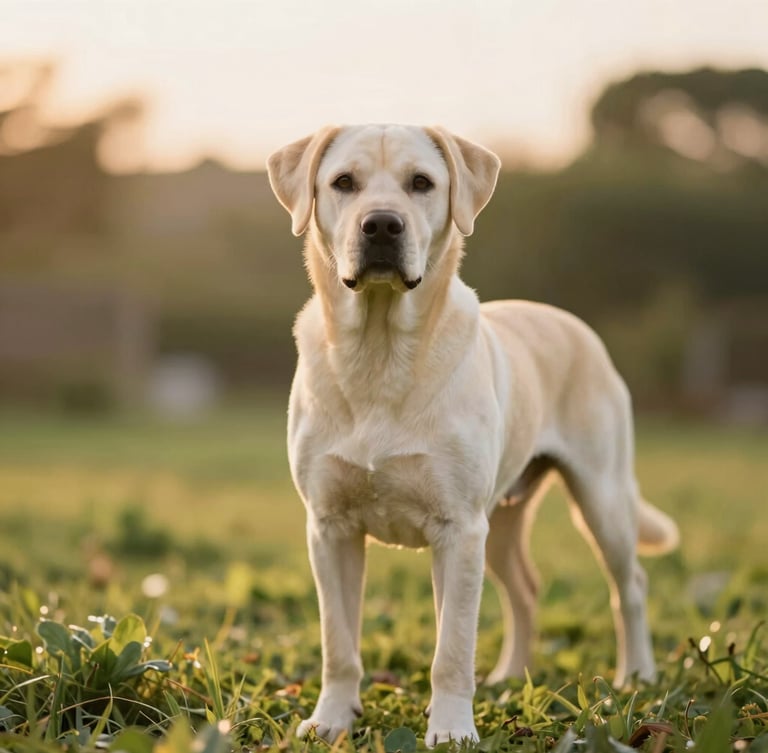 Warm portrait of a beautiful adult dog standing proudly in a lush green garden during golden hour, soft focus background, 35mm