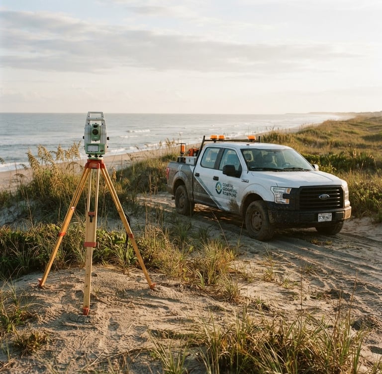 A branded survey vehicle parked on a coastal South Carolina dune at early morning golden hour, a robotic total station tripod set up on the left third, crisp daylight, desaturated coastal tones, sharp focus, 35mm lens.