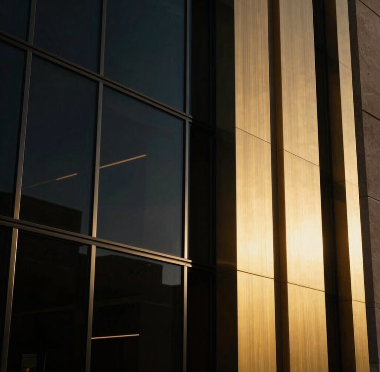 Cinematic close-up of high-end architectural materials, dark glass and brushed gold metal, dramatic low-key lighting with sharp golden-hour window reflections, 35mm