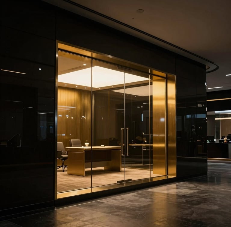 Cinematic luxury office interior in Dubai, low-key dramatic lighting, gold reflections on dark glass and brushed steel, 35mm
