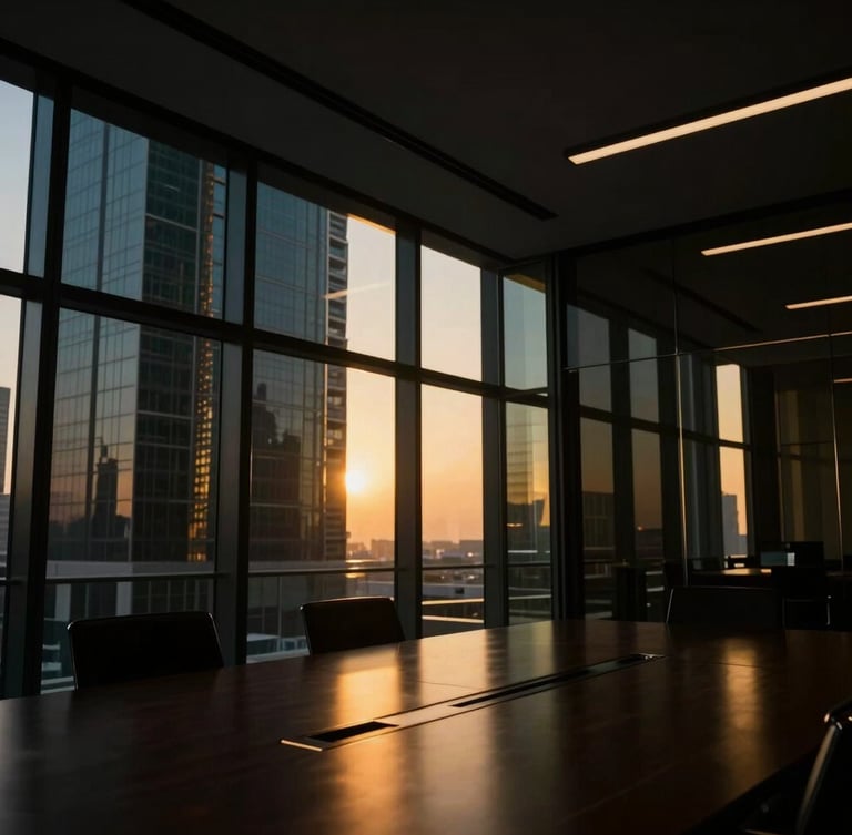 Dramatic architectural low-key photo of a modern Dubai boardroom, golden-hour light cutting through dark glass, sharp metallic gold reflections, 35mm