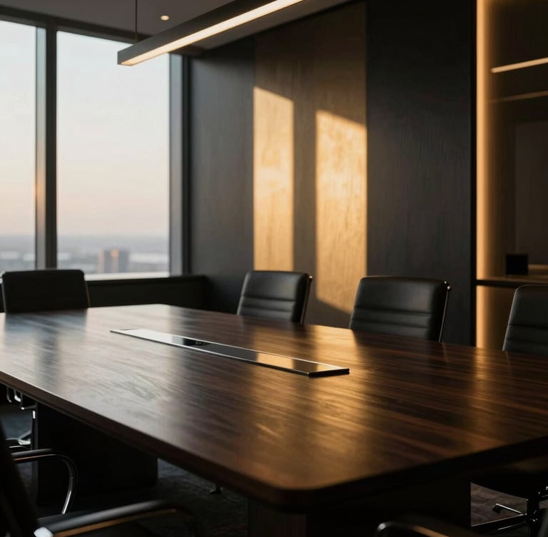 Cinematic luxury corporate boardroom in Dubai, dramatic golden-hour window shafts cutting through dark wood and brushed brass, shallow depth of field, 35mm