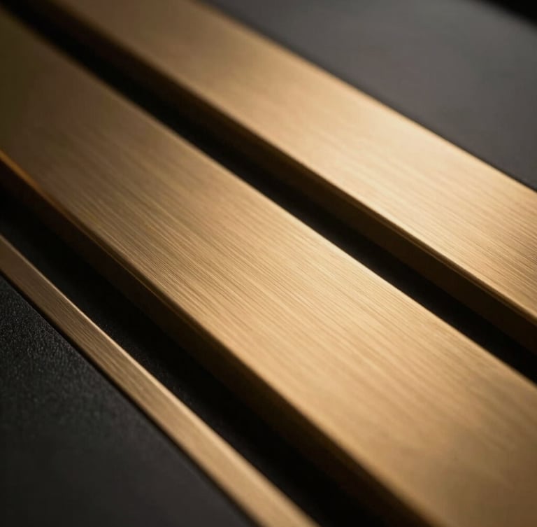 Extremely tight, shallow depth-of-field detail shot of brushed gold and dark matte steel, warm metallic reflections, luxury corporate material, 35mm