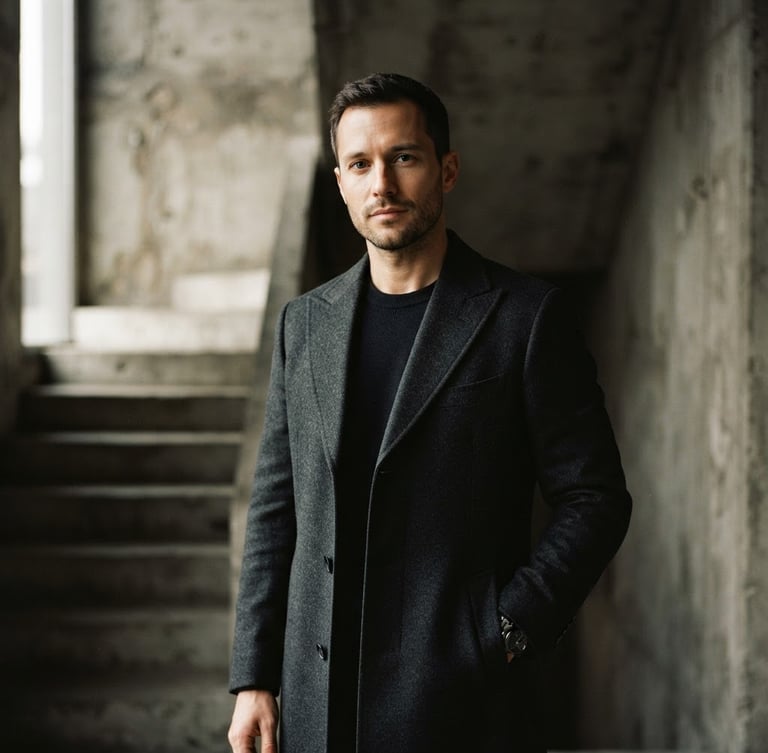 Editorial medium-close shot of a man wearing a structured charcoal wool coat in a minimalist concrete architectural space, moody natural side-light, sharp focus, 85mm lens