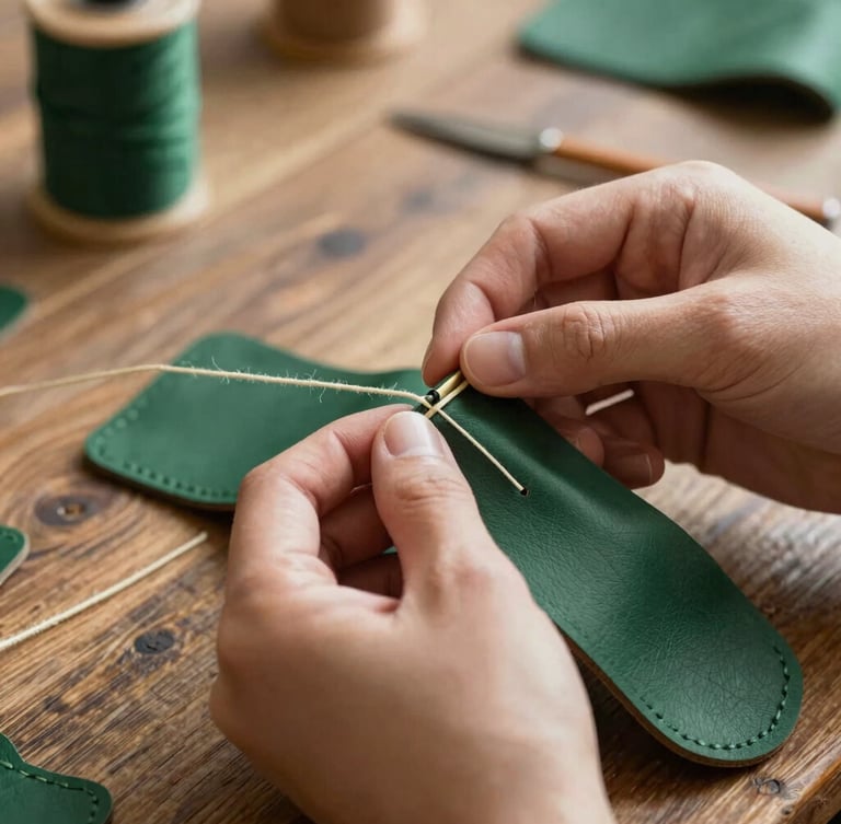 A close-up of hands carefully stitching dark green leather with thick cream thread on a rustic wooden table, soft natural side lighting.