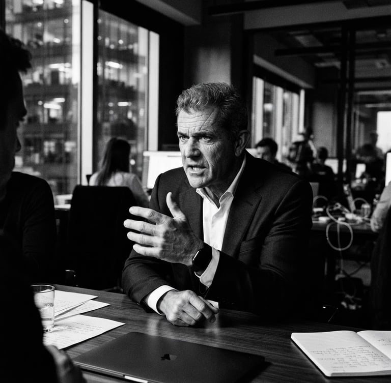 Candid black and white portrait of a tech executive, mid-discussion, in a modern, high-contrast office, harsh directional window light, deep shadows, 35mm film grain, focus on intensity and experience.