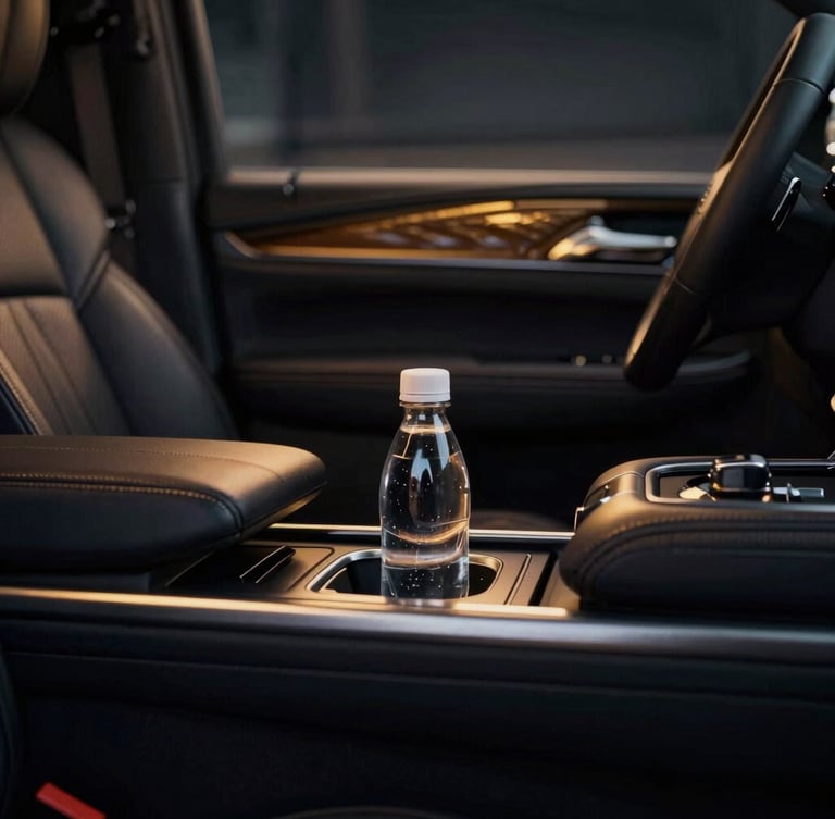 Macro detail shot of the luxurious leather interior of a 2026 Cadillac Escalade cabin, ambient gold lighting, cold bottled water visible in the console