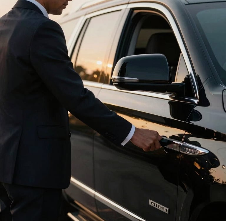 Close-up of a chauffeur in a tailored dark suit opening the door of an immaculate black Escalade, golden hour light reflecting off the chrome details, shallow depth of field