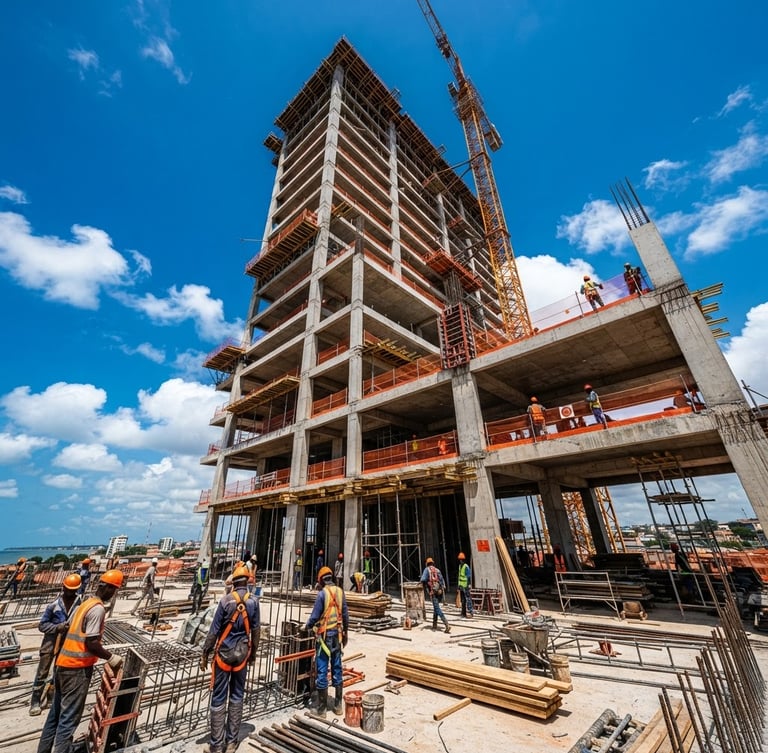 Low-angle heroic shot of active construction site in Lomé, Togo, modern concrete building frame under bright high-contrast West African daylight, safety orange accents