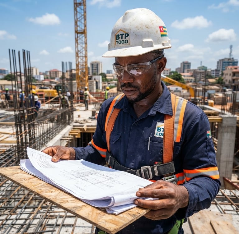 Close-up of a Togolese civil engineer in a white hardhat looking at architectural blueprints on a bright, active construction site in Lomé, high-contrast West African daylight, safety orange accents.