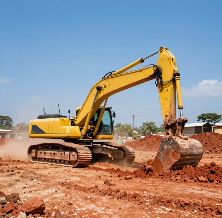A powerful yellow excavator operating on a large civil engineering site in Togo, moving red earth under bright high-contrast daylight, dust particles in the air, wide-angle lens.