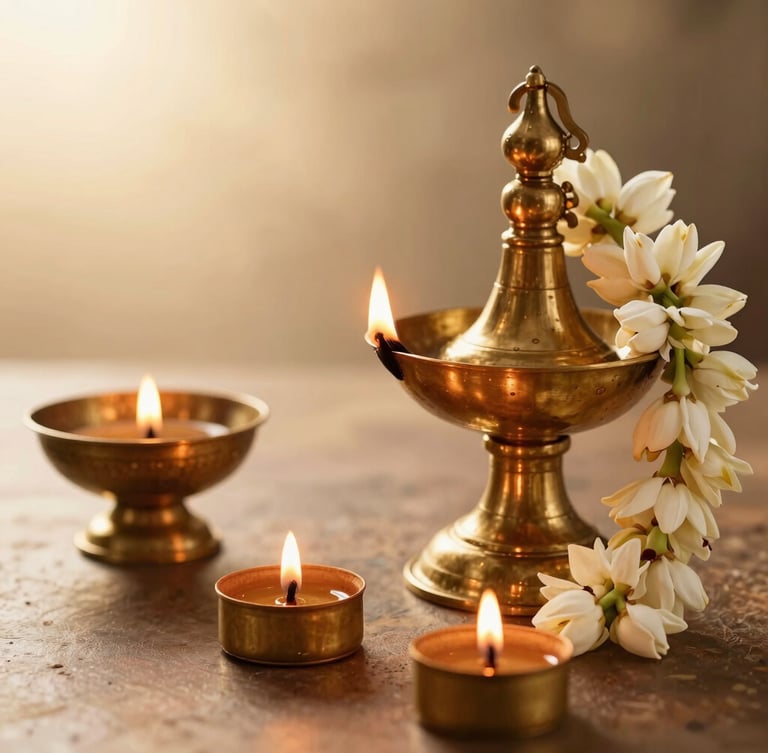 A close-up of warm glowing brass Nilavilakku lamps with fresh jasmine garlands draped elegantly, soft golden hour backlighting, luxury editorial style.