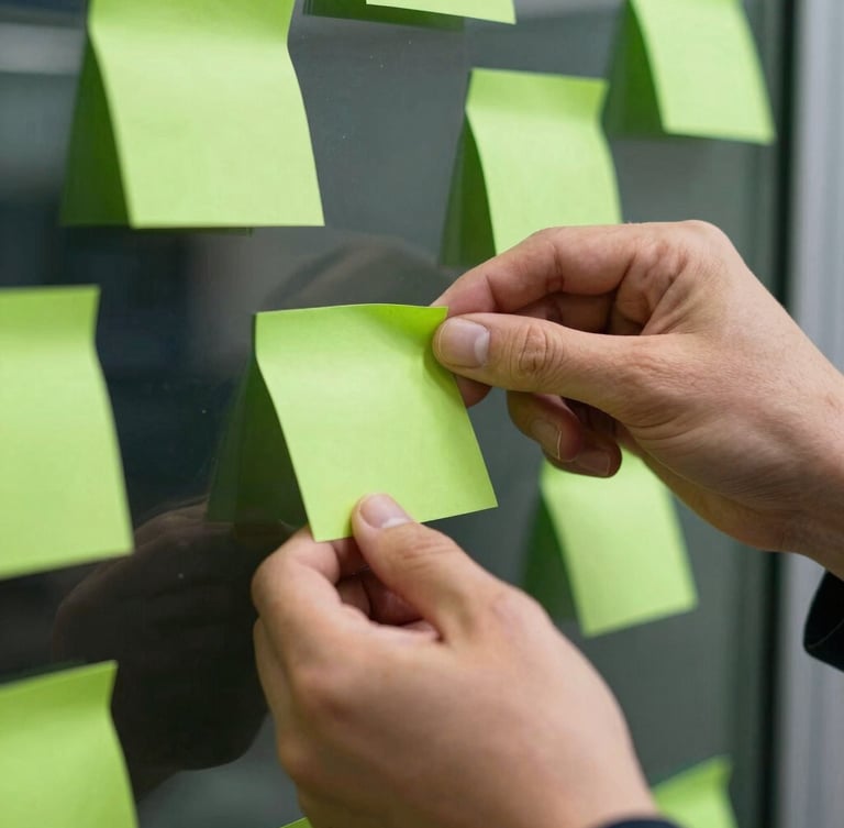 Close-up of hands placing a neon green sticky note on a glass partition, sharp focus, dramatic natural light.